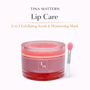 Tina Mattern 2-in-1 Exfoliating Lip Scrub and Moisturizing Mask in glass jar with applicator