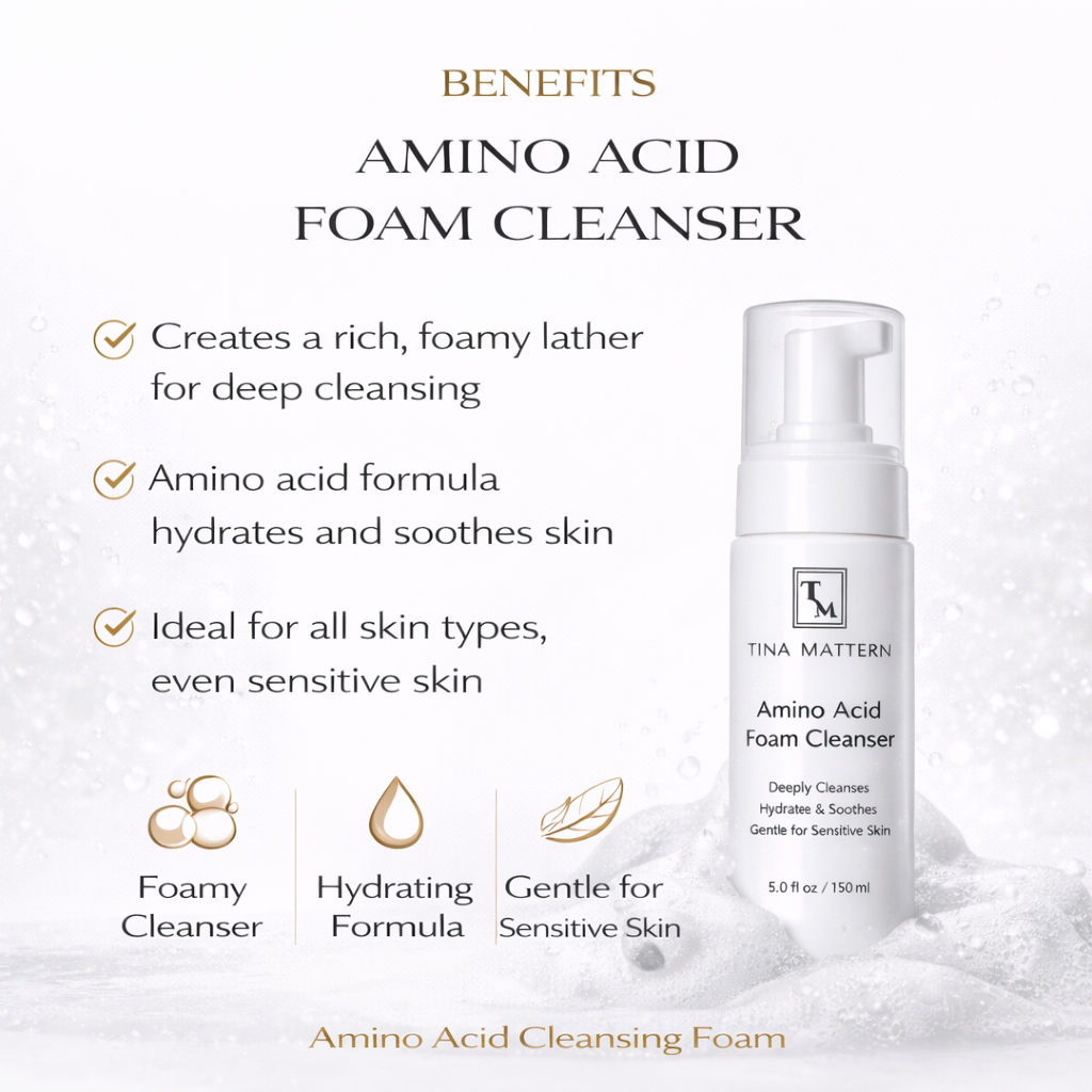 Tina Mattern Amino Foam Face Wash – Gentle Cleanse for Skin & Eyes 2 Tina Mattern Amino Acid Foam Cleanser benefits showing gentle cleansing hydration and suitability for sensitive skin