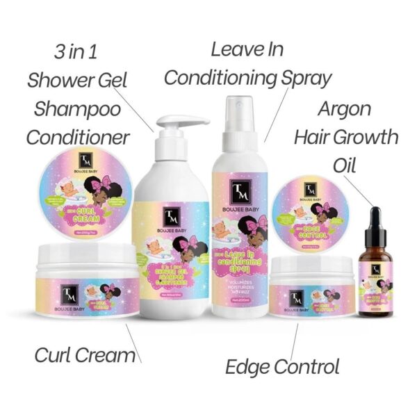 Tina Mattern BOUJEE 5-Piece Hair Care Set including Curl Cream, Edge Control, Leave-In Spray, Hair Growth Oil, and Shower Gel for kids' hair care.