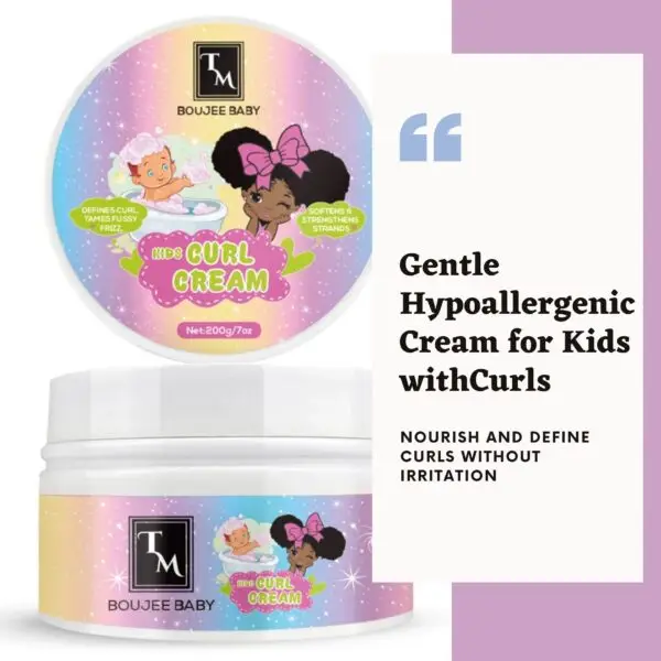 BOUJEE BABY Hypoallergenic Curl Cream – gentle formula that defines curls, tames frizz, and leaves baby’s hair soft with a light clean scent. Ideal for delicate hair.