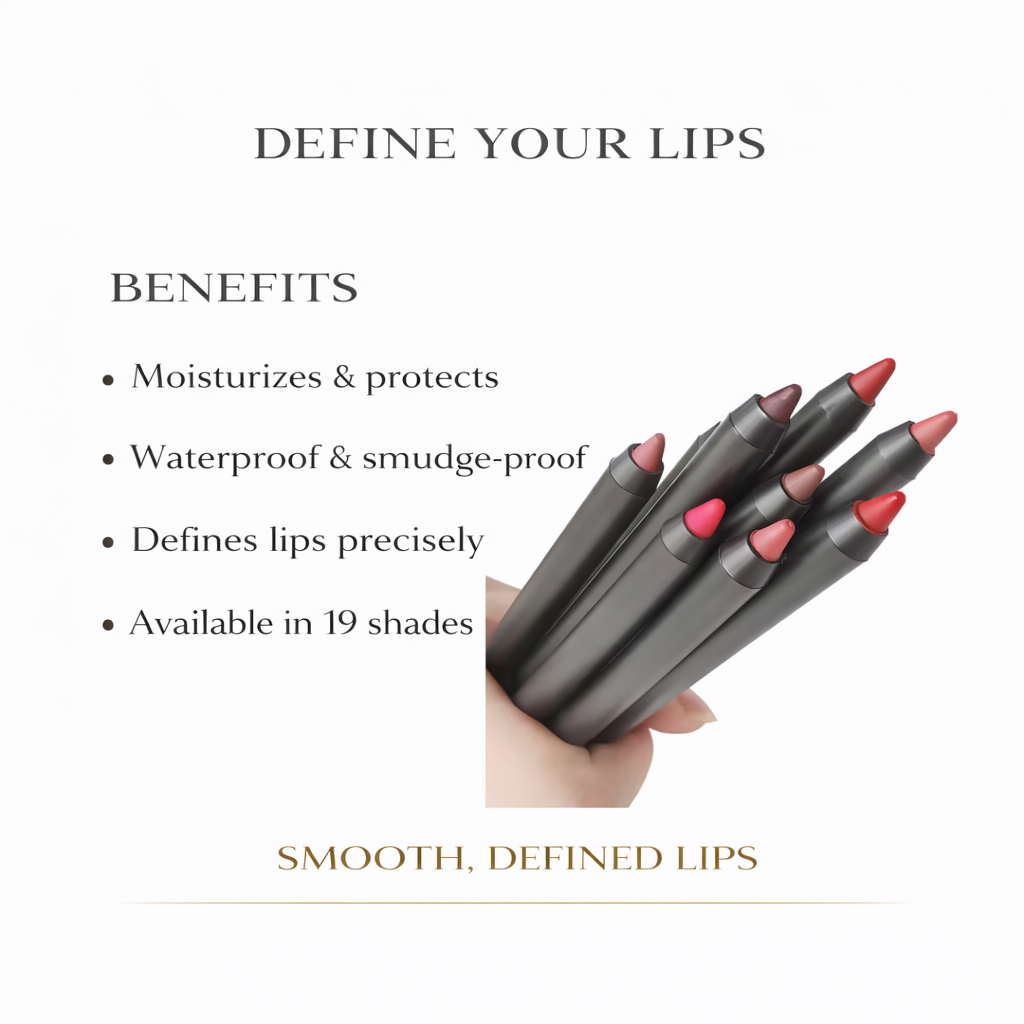 Tina Mattern Moisturizing Lip Liner – Waterproof Formula 2 Tina Mattern Moisturizing Lip Liner benefits image showing multiple lip liner shades with listed moisturizing, waterproof, and defining benefits on white background