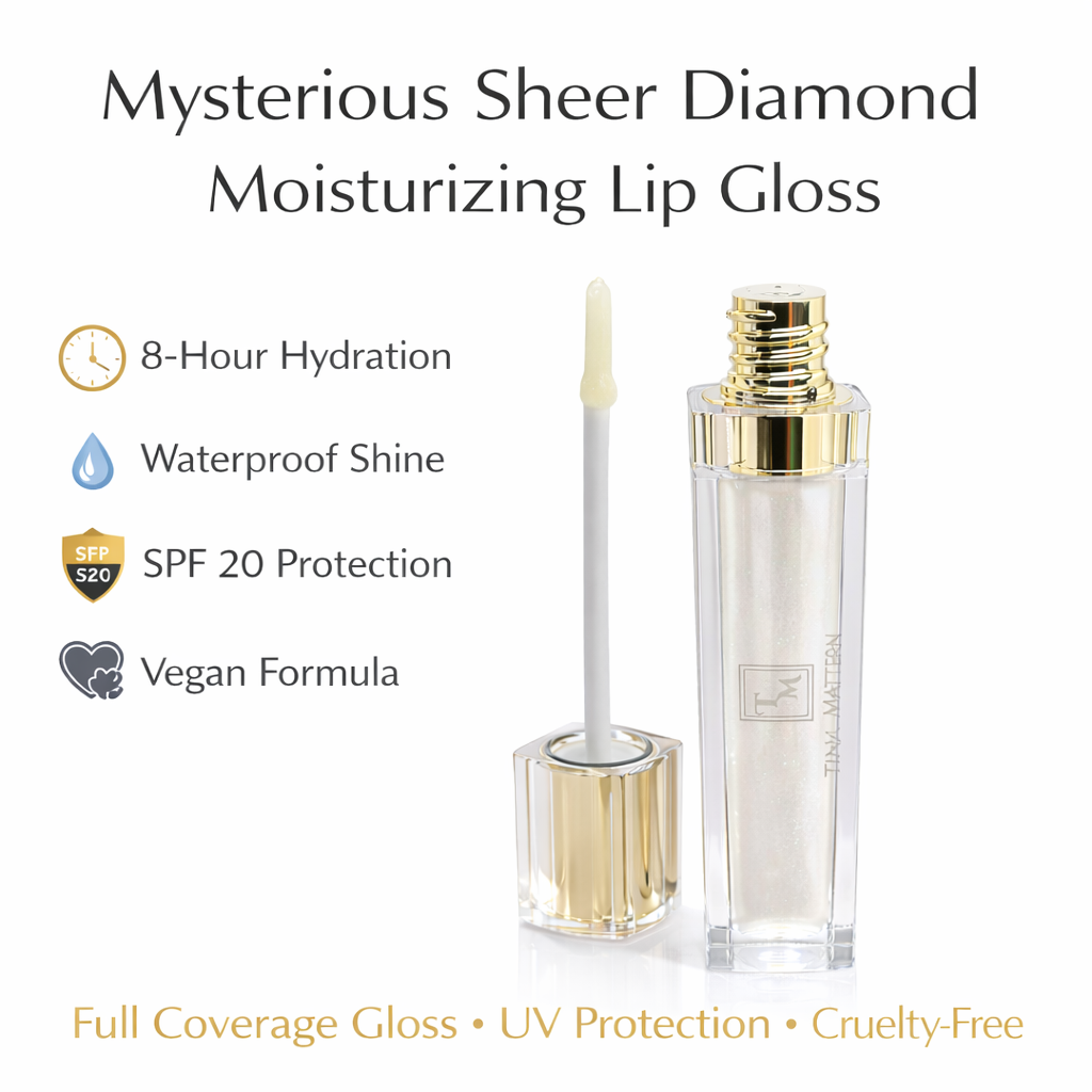 Tina Mattern Mysterious Sheer Diamond Moisturizing Lip Gloss with SPF 2 Tina Mattern Mysterious Sheer Diamond Moisturizing Lip Gloss benefits image showing 8-hour hydration, waterproof shine, SPF20 protection, and vegan formula.