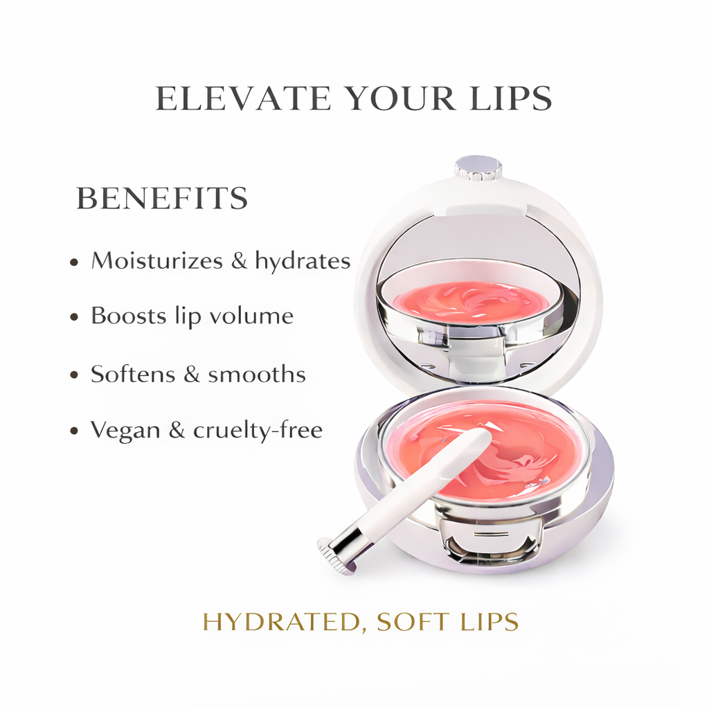 Tina Mattern Collagen Lip Mask 2 Tina Mattern Collagen Lip Mask benefits image showing open compact with pink lip treatment and listed hydration and softening benefits on white background