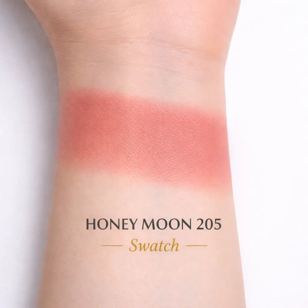 Tina Mattern Miracle Touch Blush – Flawless, Natural Glow 4 Tina Mattern Miracle Touch Blush Honey Moon 205 swatch showing warm rose shade on skin
