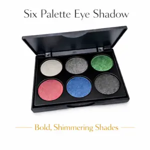 Six Palette Eye Shadow benefits image highlighting vegan, long-lasting, and waterproof formula