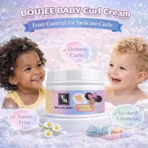 BOUJEE BABY Curl Cream hero image showing baby curl cream jar centered on a soft pastel background with children and playful baby-themed design.