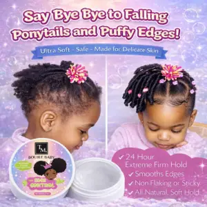 BOUJEE BABY Edge Control hero image showing a young child with neatly styled puff ponytails, product jar, and text highlighting smooth, long-lasting, non-flaking edge hold on a soft pastel background.