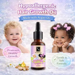 BOUJEE BABY Hypoallergenic Hair Growth Oil hero image showing an argan oil dropper bottle centered with babies on a soft pastel background highlighting gentle baby-safe hair growth care.