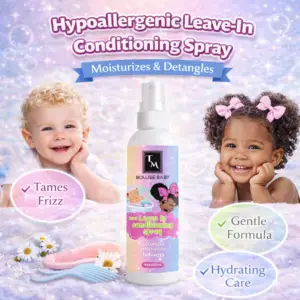 BOUJEE BABY Hypoallergenic Leave-In Conditioning Spray hero image showing a conditioning spray bottle centered with smiling babies on a soft pastel background highlighting moisturizing and detangling care.