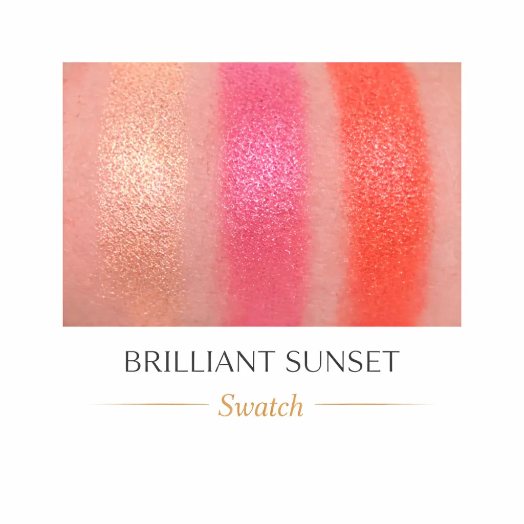 Tina Mattern Waterproof Cream Blush – 3-in-1 Cheeks, Eyes & Lips 6 Brilliant Sunset blush swatch showing champagne gold, pink and coral shades on skin