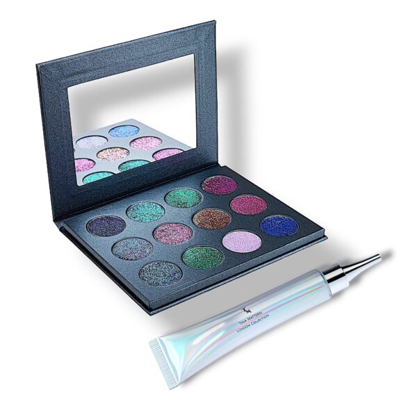 Tina Mattern Chameleon Glitter 12-Palette Eyeshadow with 12 bold glitter shades and a free large eye primer for vibrant, long-lasting wear.