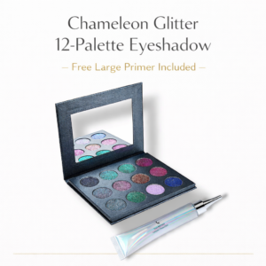 Chameleon glitter 12-palette eyeshadow set with holographic primer on white background