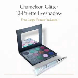Chameleon glitter 12-palette eyeshadow set with holographic primer on white background