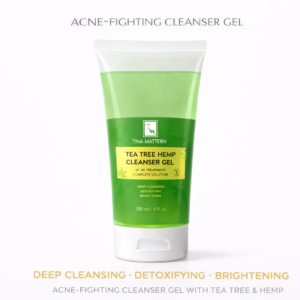 Tina Mattern Tea Tree Hemp Cleanser Gel acne-fighting cleanser on white background with charcoal and gold text
