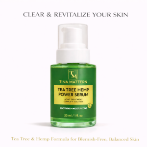 Tina Mattern Tea Tree Hemp Power Serum in a green glass pump bottle on a white background with charcoal headline and gold accent text.