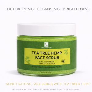 Tina Mattern Tea Tree Hemp Face Scrub in green jar on white background, acne treatment exfoliating scrub