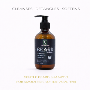 Tina Mattern Beard Shampoo in amber pump bottle on white background, men’s beard cleanser that cleanses, detangles, and softens facial hair.