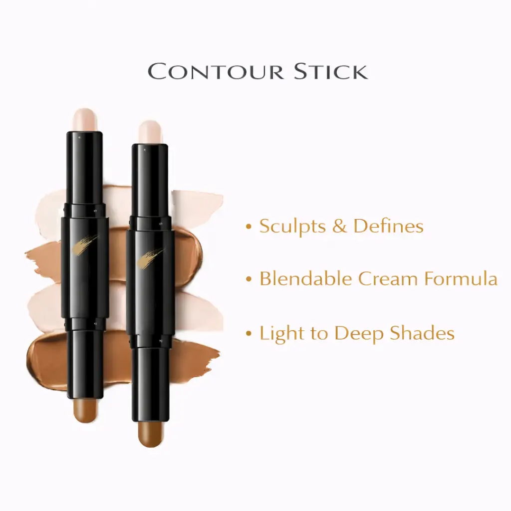 Tina Mattern Contour Stick – Smooth & Blendable, Vegan Formula 2 Tina Mattern Contour Stick benefits image showing dual-ended contour sticks over foundation shade swatches on white background
