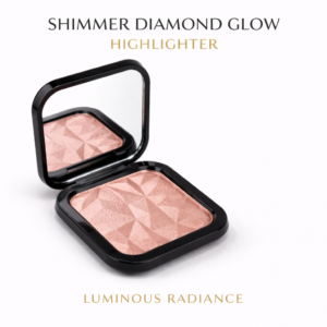 Highlighter hero image showing open black compact with rose gold shimmer powder on white background