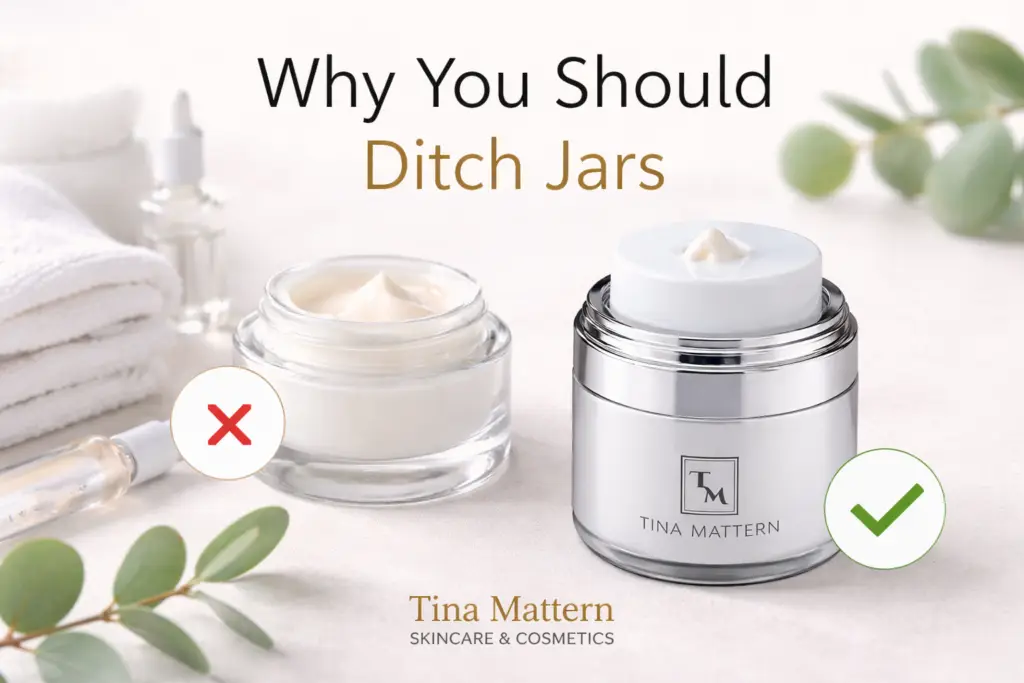 Tina Mattern airless pump cream jar shown next to a traditional open skincare jar, illustrating why you should ditch jars for healthier skincare packaging.