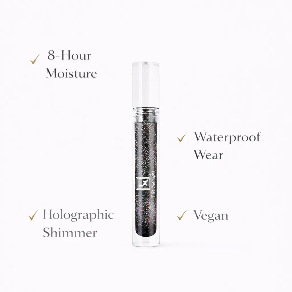 Tina Mattern Glitter Gloss – Long-Lasting & Waterproof 3 Tina Mattern Radiant Holographic Glitter Gloss benefits image showing holographic shimmer, 8-hour moisture, waterproof wear, and vegan formula