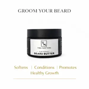 Tina Mattern Beard Butter in black jar on white background