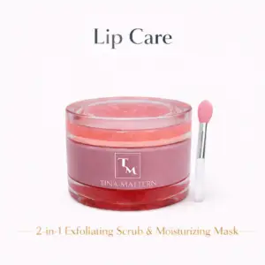 Tina Mattern 2-in-1 Exfoliating Lip Scrub and Moisturizing Mask in glass jar with applicator