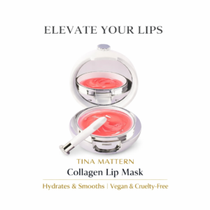 Tina Mattern Collagen Lip Mask hero image with open compact and pink lip treatment on white background