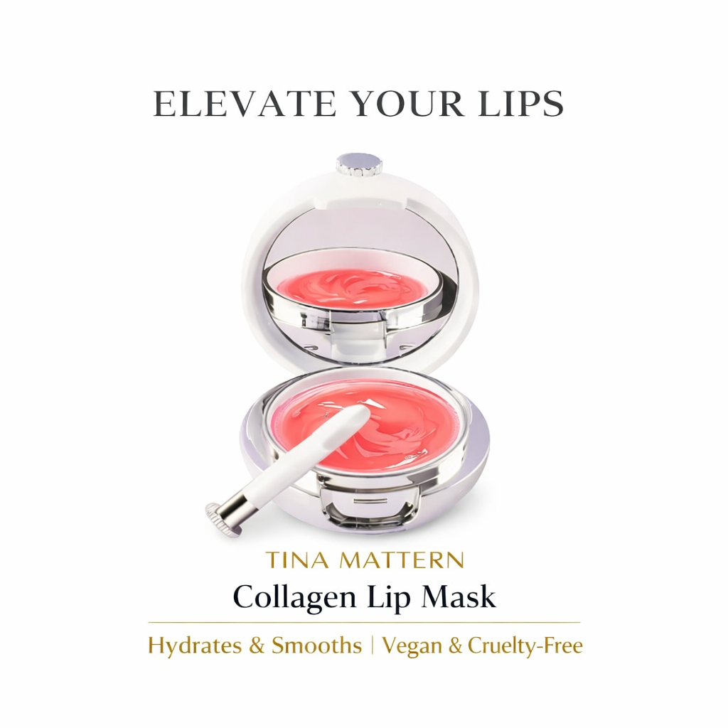 Tina Mattern Collagen Lip Mask 1 Tina Mattern Collagen Lip Mask hero image with open compact and pink lip treatment on white background