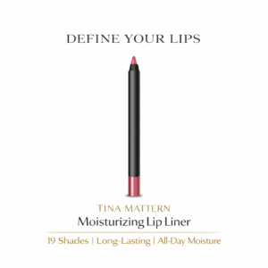 Tina Mattern Moisturizing Lip Liner hero image showing a black waterproof lip liner pencil with colored tip on white background