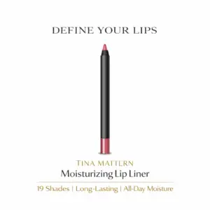 Tina Mattern Moisturizing Lip Liner hero image showing a black waterproof lip liner pencil with colored tip on white background