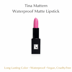 Tina Mattern Waterproof Matte Lipstick in bright pink shade on white background