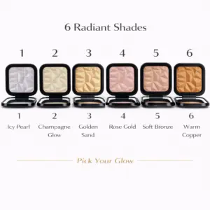 Tina Mattern radiant powder highlighter color swatches showing six shades: Icy Pearl, Champagne Glow, Golden Sand, Rose Gold, Soft Bronze, and Warm Copper