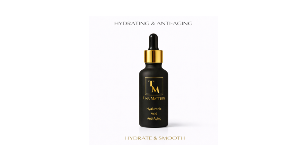 Tina Mattern Hyaluronic Acid Serum bottle on white background with Hydrating and Anti-Aging text.