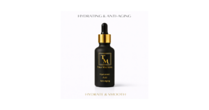Tina Mattern Hyaluronic Acid Serum bottle on white background with Hydrating and Anti-Aging text.