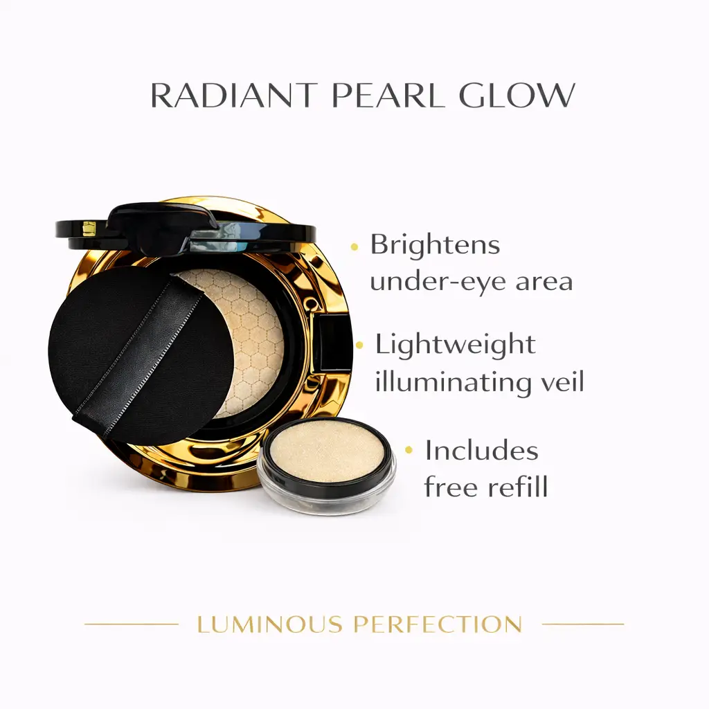 Tina Mattern Mother-of-Pearl Illuminating Cushion Highlighter – Free Refill Included 3 Mother-of-Pearl Illuminating Cushion Cream benefits image showing radiant glow and brightening effect.