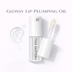 Tina Mattern Glossy Lip Plumping Oil hero image showing a clear lip oil tube with white cap and applicator on white background