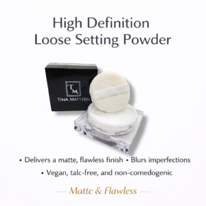 Tina Mattern High Definition Loose Setting Powder hero image with matte finish setting powder and puff on white background