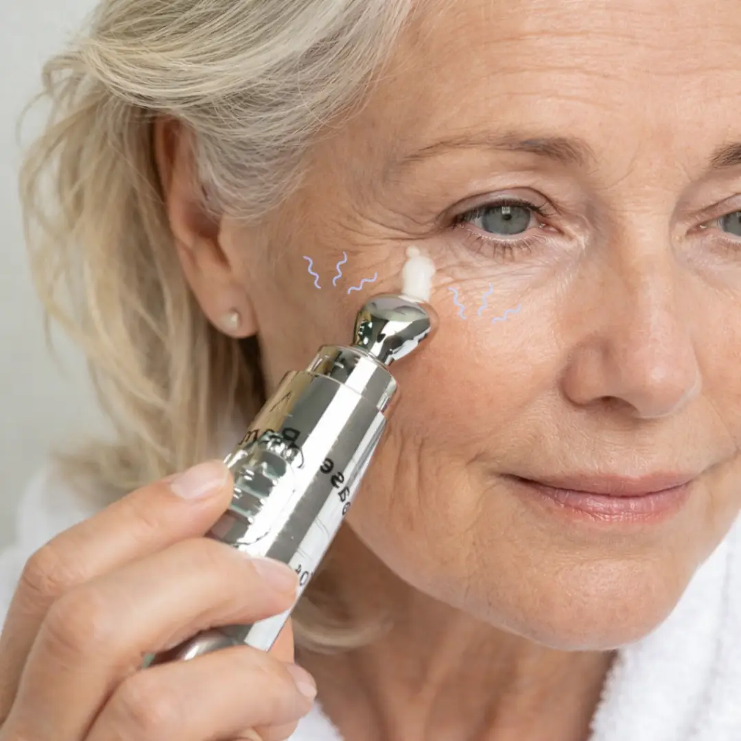 Older woman using Tina Mattern Hexapeptide Eye Cream vibrating applicator to reduce wrinkles and under eye puffiness