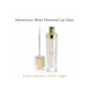 Tina Mattern Mysterious Sheer Diamond Lip Gloss hero image showing a clear lip gloss tube with gold cap and applicator on white background