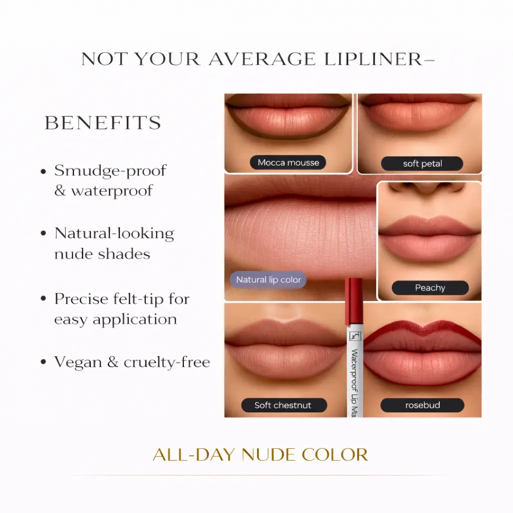 Tina Mattern Waterproof Nude Lip Markers 2 Tina Mattern Waterproof Nude Lip Marker benefits image showing nude lip shade examples and smudge-proof waterproof features on white background