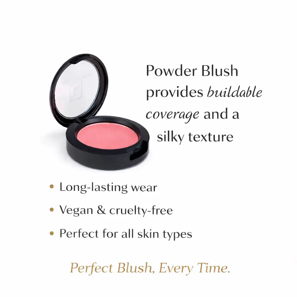 Tina Mattern Powder Blush 2 High pigment powder blush benefits image showing buildable coverage, silky texture, and long-lasting vegan formula