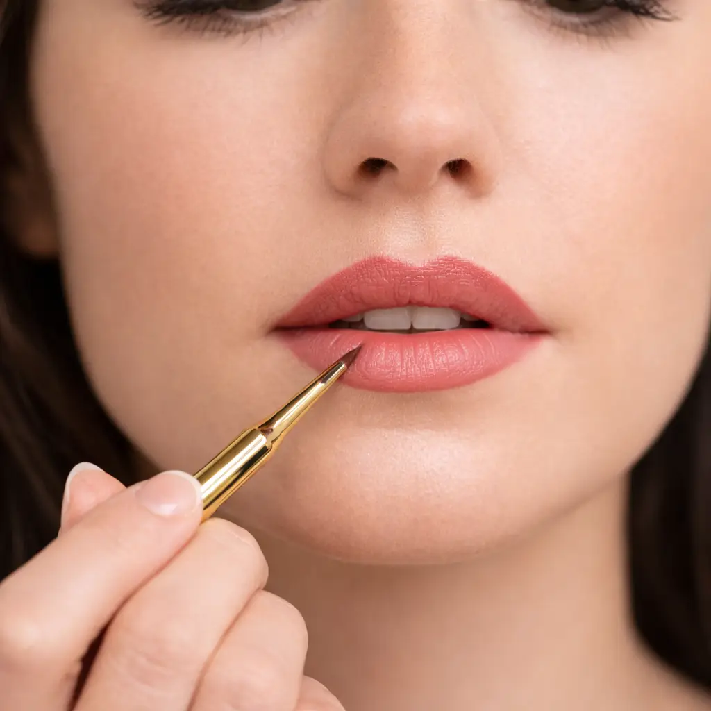 Tina Mattern Double-Ended Retractable Makeup Brush – Vegan & Portable Precision 2 Model applying lip liner using Tina Mattern Retractable Precision Brush