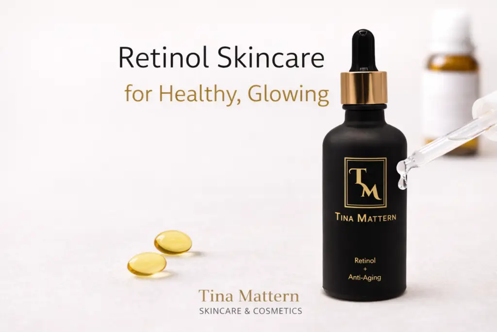 Tina Mattern Retinol Anti-Aging Serum bottle with clear dropper drops on a soft white background, featured in a blog header for retinol skincare tips and healthy glowing skin.