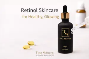 Tina Mattern Retinol Anti-Aging Serum bottle with clear dropper drops on a soft white background, featured in a blog header for retinol skincare tips and healthy glowing skin.