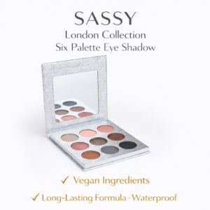 Tina Mattern SASSY London Collection Six Palette Eyeshadow displayed open on white background with silver compact and neutral shades.