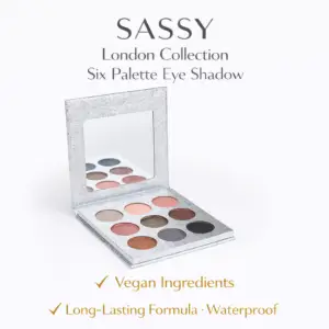 Tina Mattern SASSY London Collection Six Palette Eyeshadow displayed open on white background with silver compact and neutral shades.