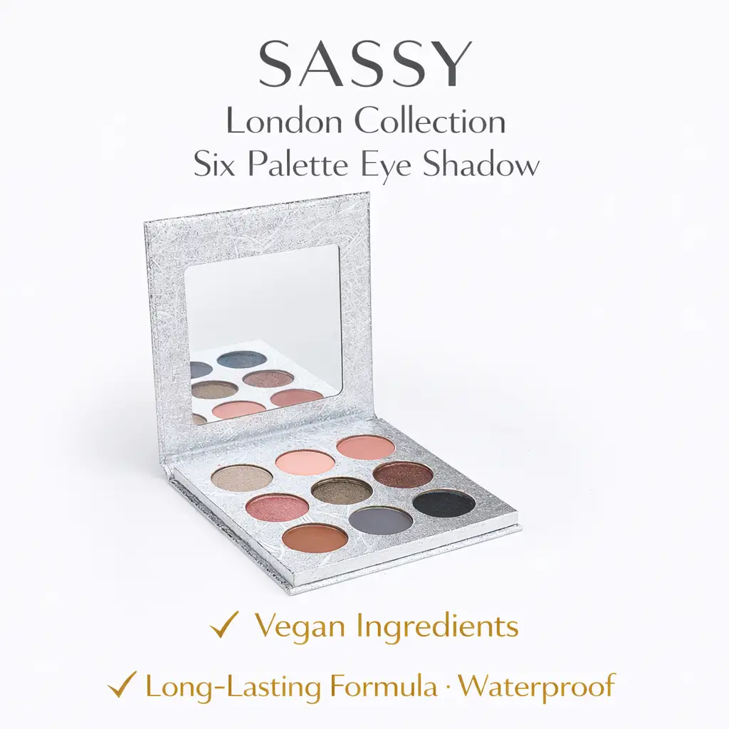 Tina Mattern London Collection 9-Palette Sassy Eyeshadow 1 Tina Mattern SASSY London Collection Six Palette Eyeshadow displayed open on white background with silver compact and neutral shades.