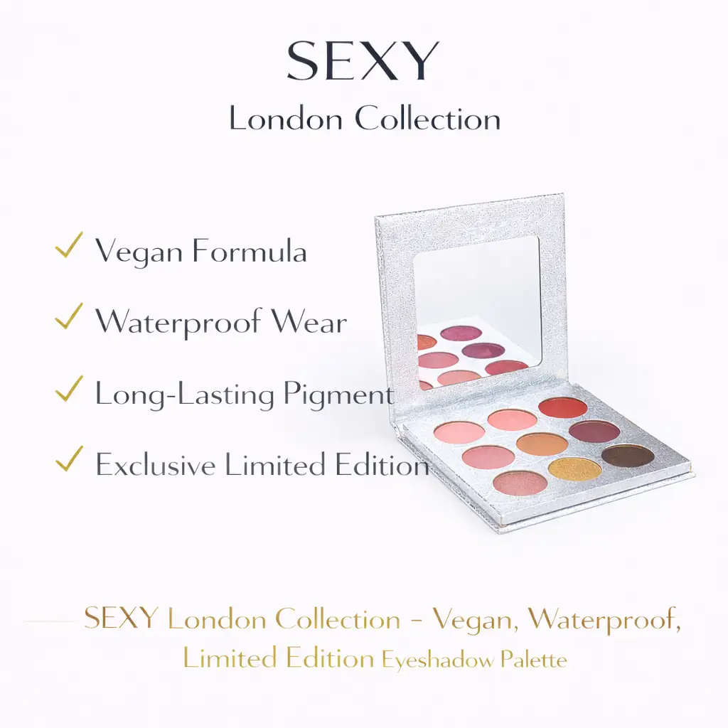 Tina Mattern London Collection 9-Palette Sexy Eyeshadow 3 SEXY London Collection Exclusive Eyeshadow Palette benefits image showing vegan, waterproof, long-lasting, limited edition features