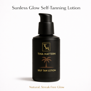 Tina Mattern Sunless Glow Self-Tanning Lotion in black and gold bottle on a white background